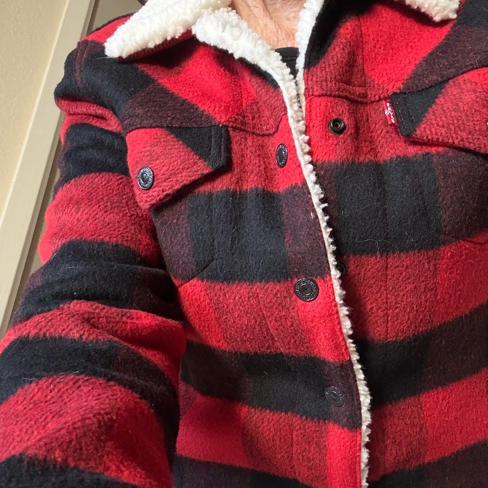 NWOT Wool Blend Levi's Red and Black Plaid Trucker Jacket XS